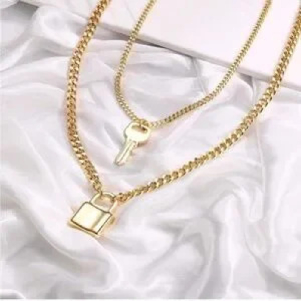 14K Gold Plated 2pc Lock & Key Chain Necklace Set
